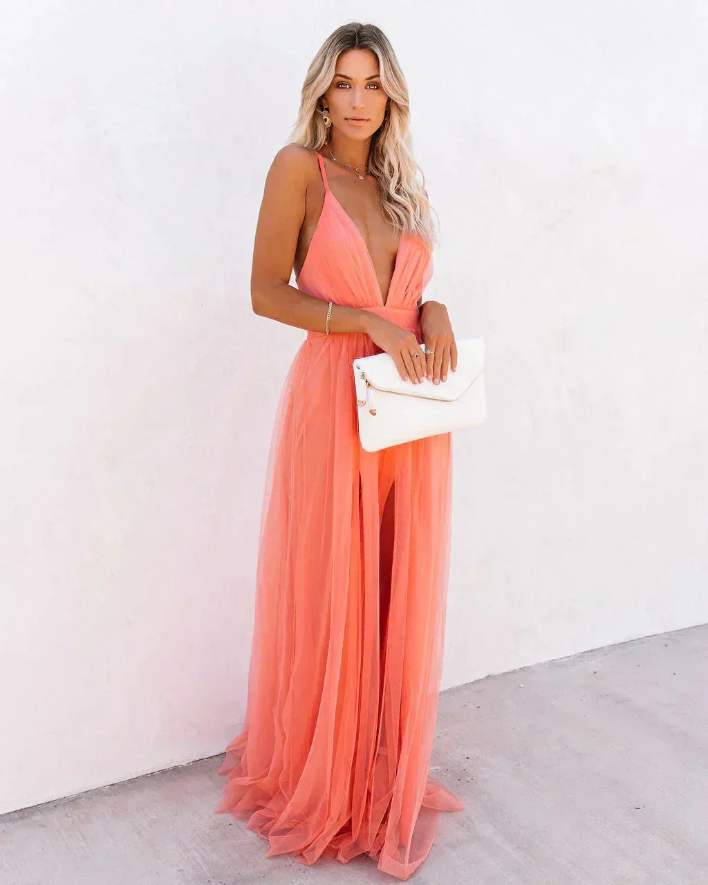 Robe Longue Orange Dos Nu Bretelles Fines Soirée Été | ROBEMODE
