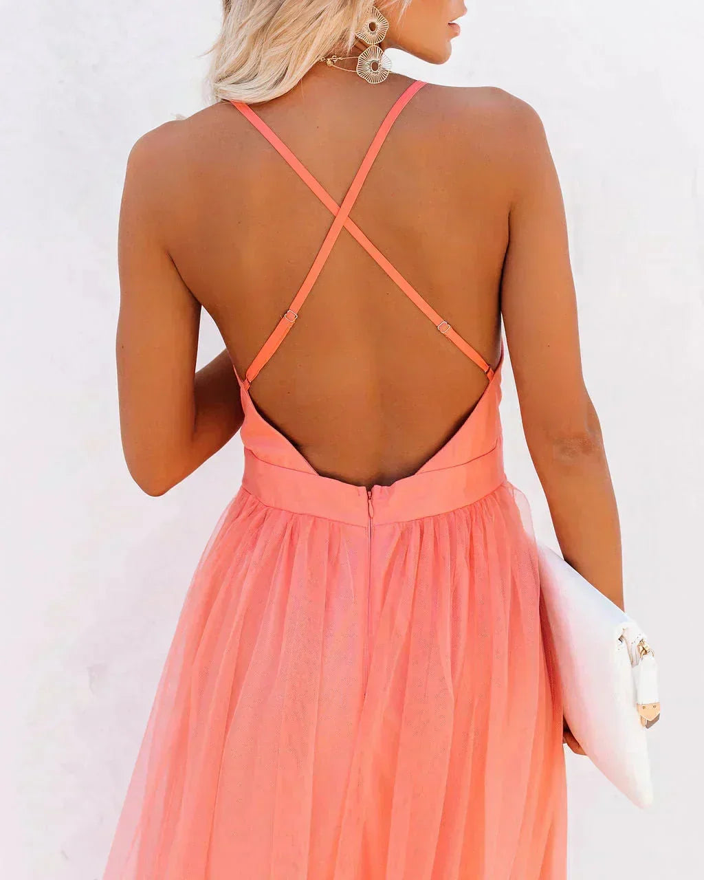 Robe Longue Orange Dos Nu Bretelles Fines Soirée Été | ROBEMODE