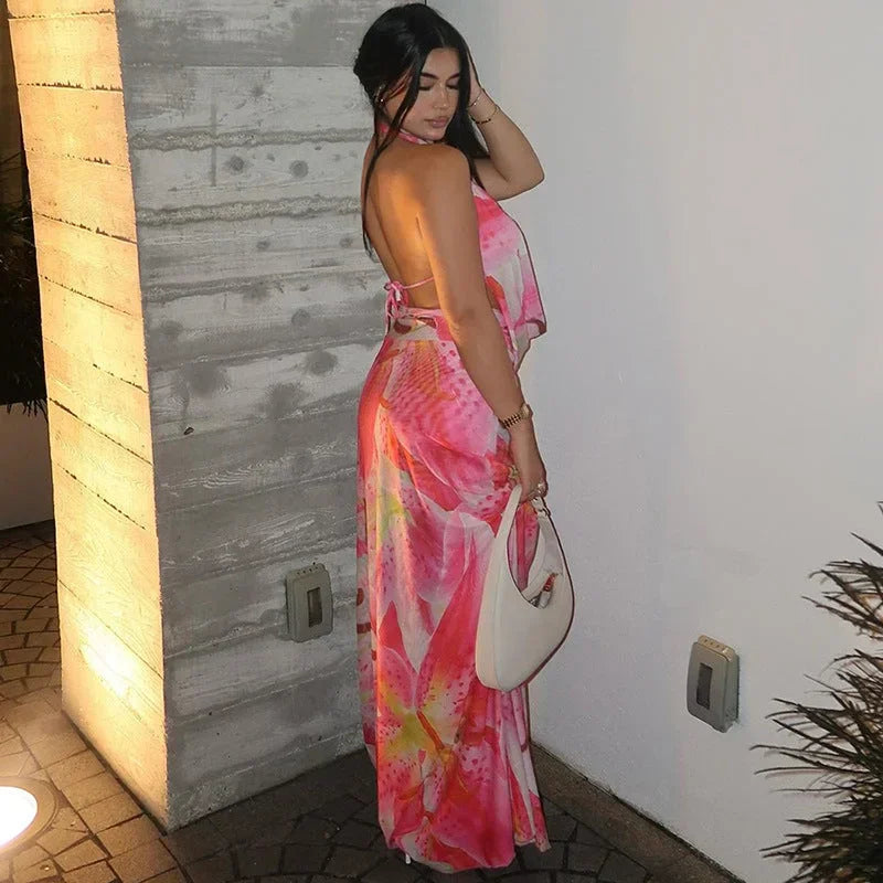 Robe longue dos nu rose motif tropical été plage | ROBEMODE