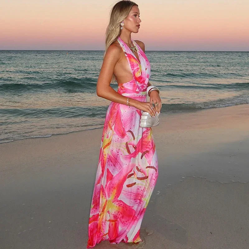 Robe longue dos nu rose motif tropical été plage | ROBEMODE