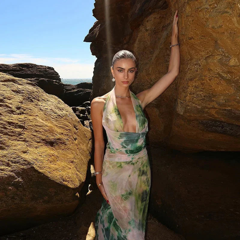 Robe longue femme tie-dye verte et rose dos nu | Coupe féminine + Style élégant + Facile à accessoiriser – ROBEMODE