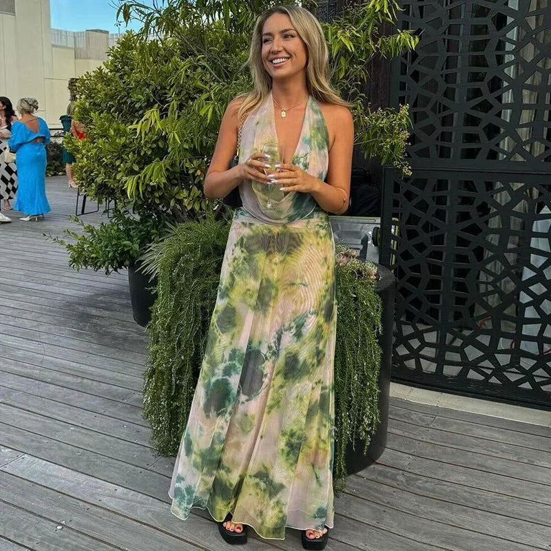 Robe longue femme tie-dye verte et rose dos nu | Coupe féminine + Style élégant + Facile à accessoiriser – ROBEMODE