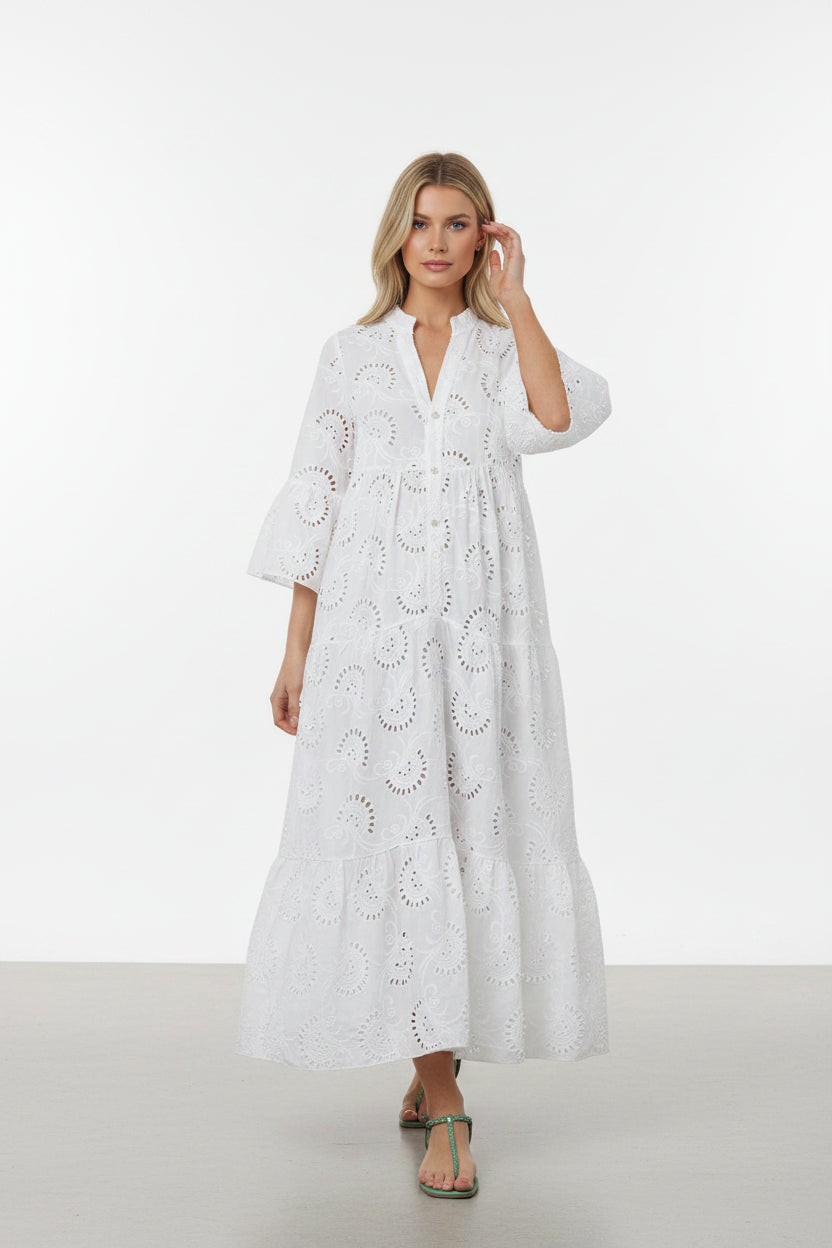Robe Longue Ajourée Femme Manches 3/4 Col V Grande Taille | ROBEMODE