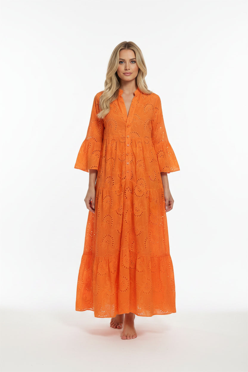 Robe Longue Ajourée Femme Manches 3/4 Col V Grande Taille | ROBEMODE