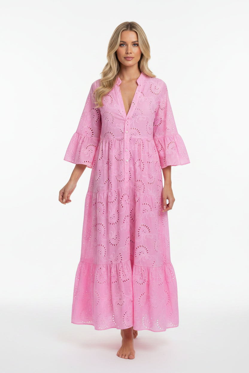 Robe Longue Ajourée Femme Manches 3/4 Col V Grande Taille | ROBEMODE