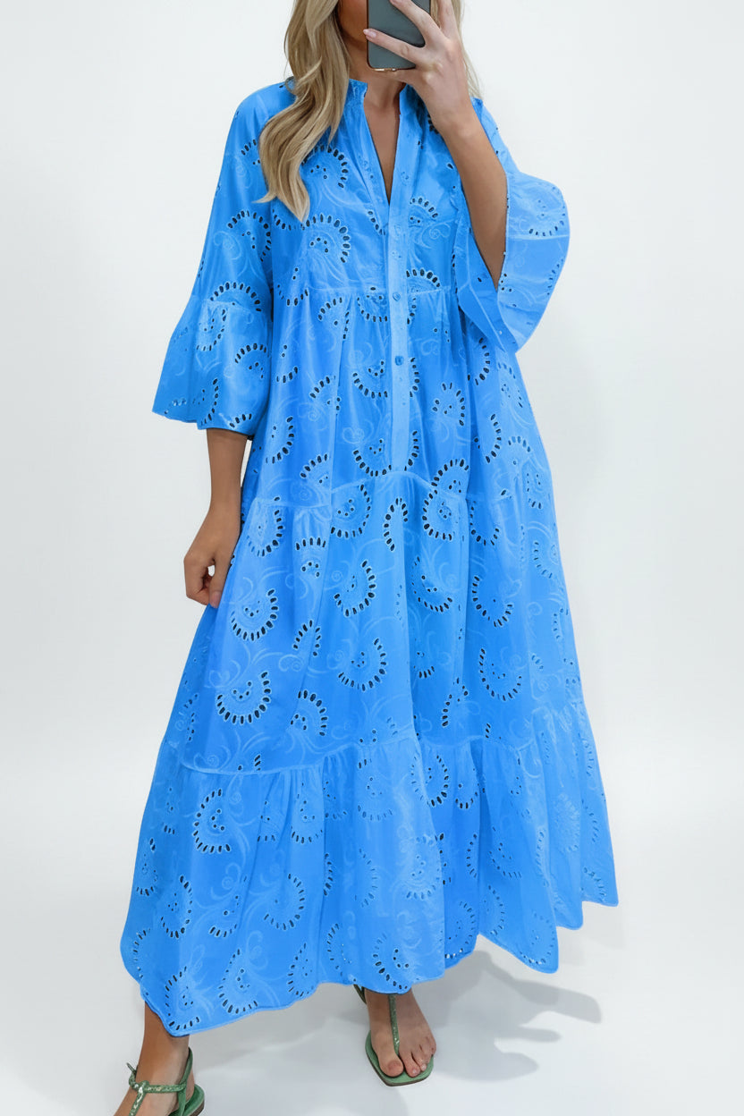 Robe Longue Ajourée Femme Manches 3/4 Col V Grande Taille | ROBEMODE