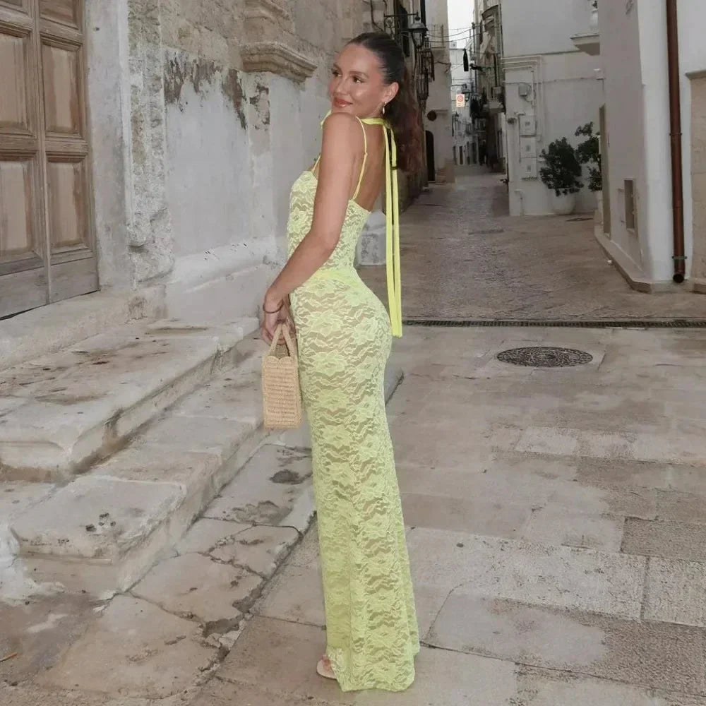 Robe longue femme avec dentelle et fines bretelles