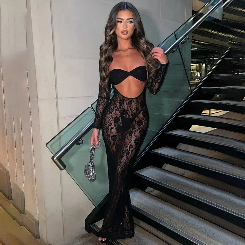 Robe longue femme dentelle manches longues découpes soirée