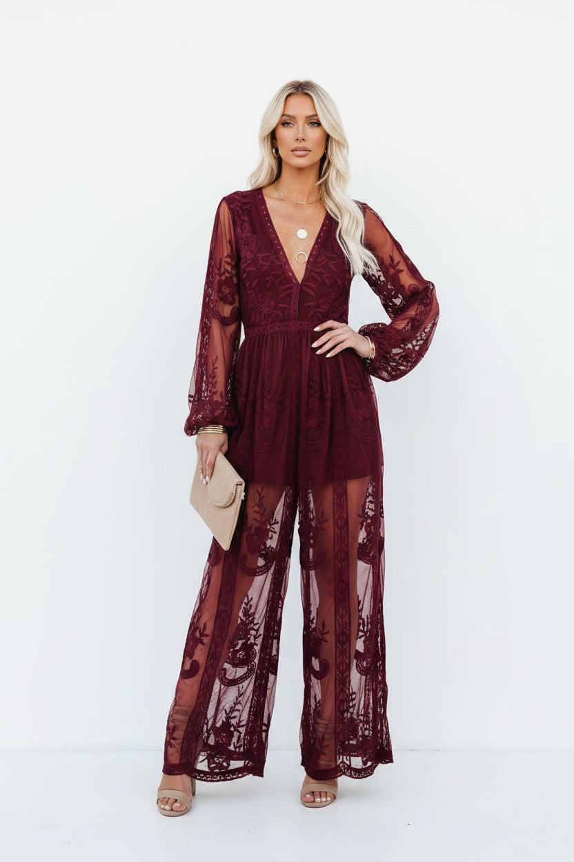 Robe Longue Dentelle Transparente Col V Manches Longues 3 Coloris | ROBEMODE