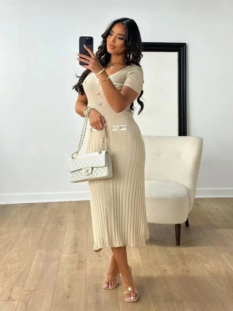 Robe longue femme avec boutons et col en V | Coupe féminine + Style élégant + Facile à accessoiriser – ROBEMODE