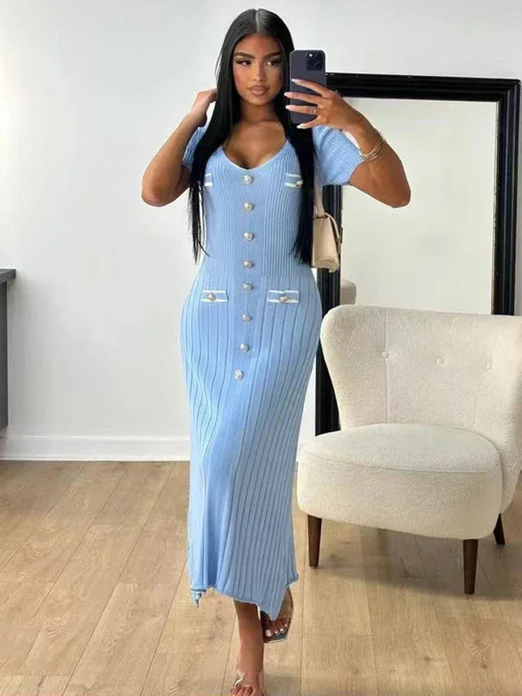 Robe longue femme avec boutons et col en V | Coupe féminine + Style élégant + Facile à accessoiriser – ROBEMODE