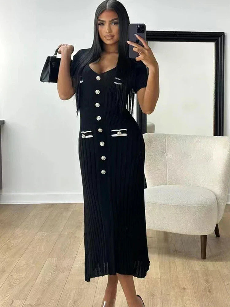 Robe longue femme avec boutons et col en V | Coupe féminine + Style élégant + Facile à accessoiriser – ROBEMODE
