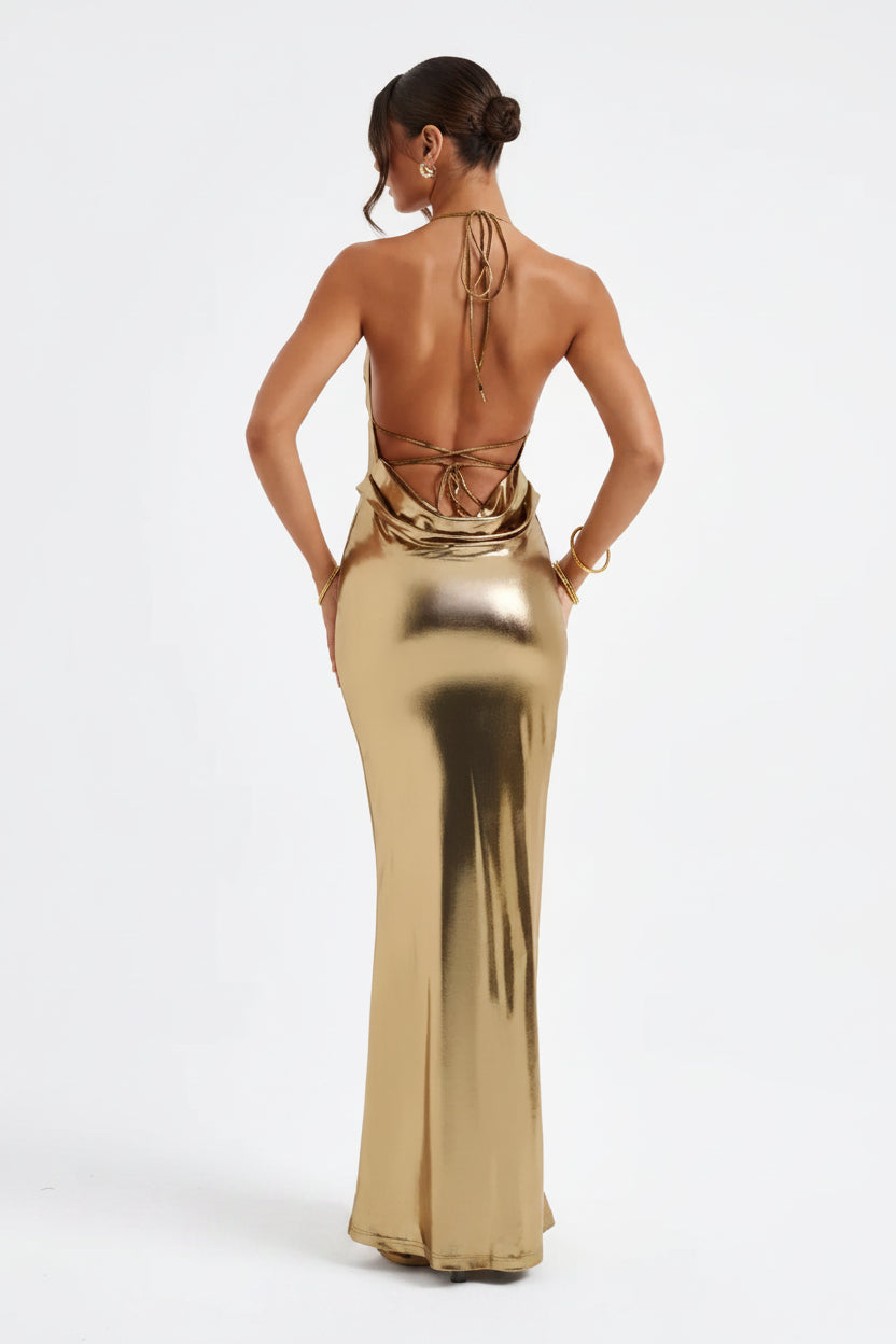 Robe longue femme avec bretelles et effet métallisé | Coupe féminine + Style élégant + Facile à accessoiriser – ROBEMODE