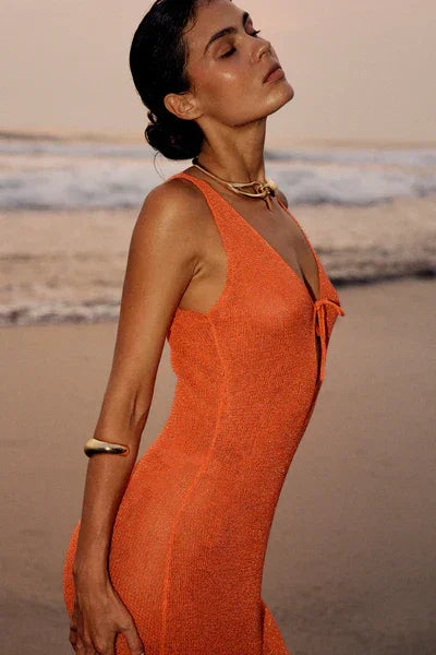 Robe Longue Femme Découpes Bretelles Oranges Soirée | ROBEMODE