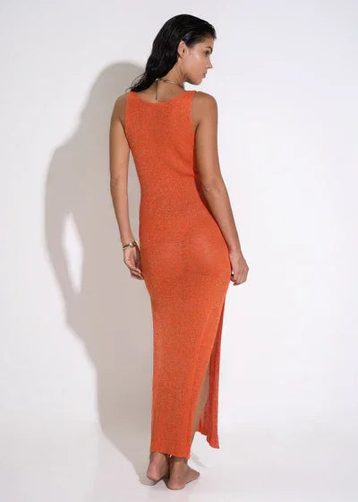 Robe Longue Femme Découpes Bretelles Oranges Soirée | ROBEMODE