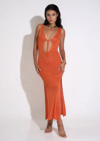 Robe Longue Femme Découpes Bretelles Oranges Soirée | ROBEMODE