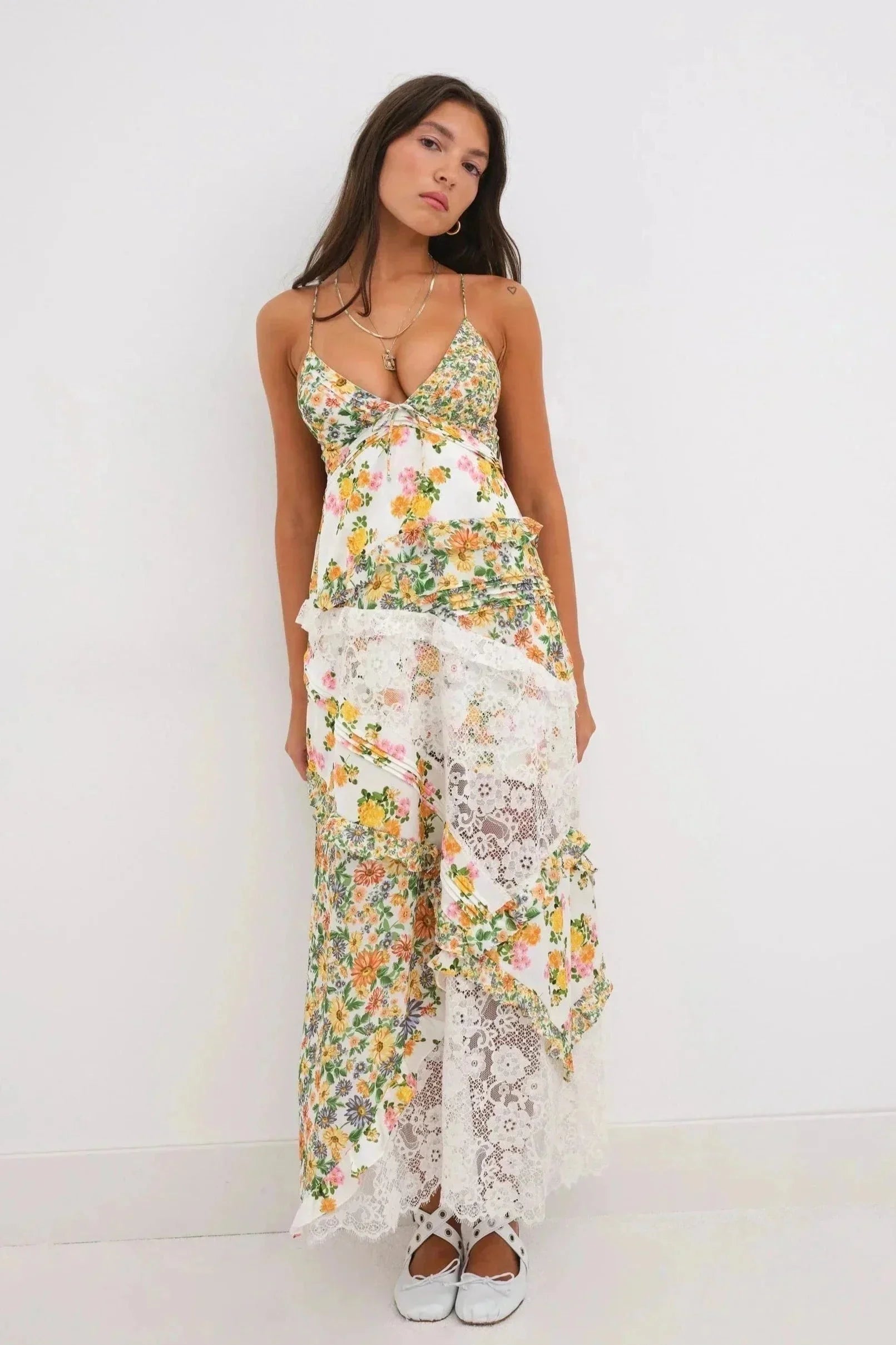 Robe longue femme avec dentelle et imprimé floral | ROBEMODE