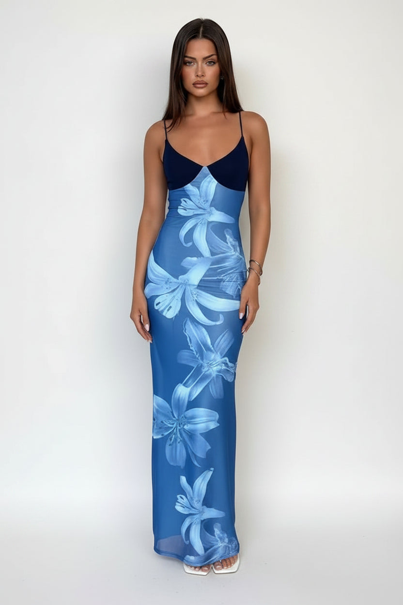 Robe longue femme avec imprimé floral et bretelles fines | Coupe féminine + Style élégant + Facile à accessoiriser – ROBEMODE
