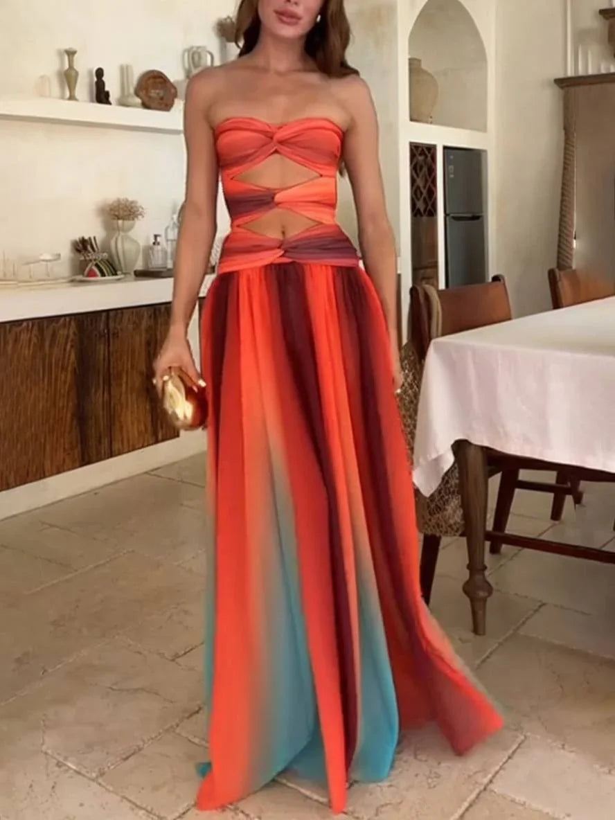 Robe maxi femme fluide dégradée avec bandeau froncé et découpe à la taille | Style confortable et tendance – ROBEMODE