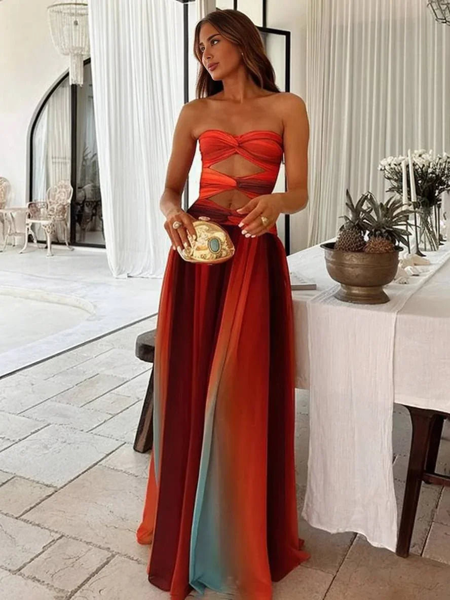 Robe maxi femme fluide dégradée avec bandeau froncé et découpe à la taille | Style confortable et tendance – ROBEMODE