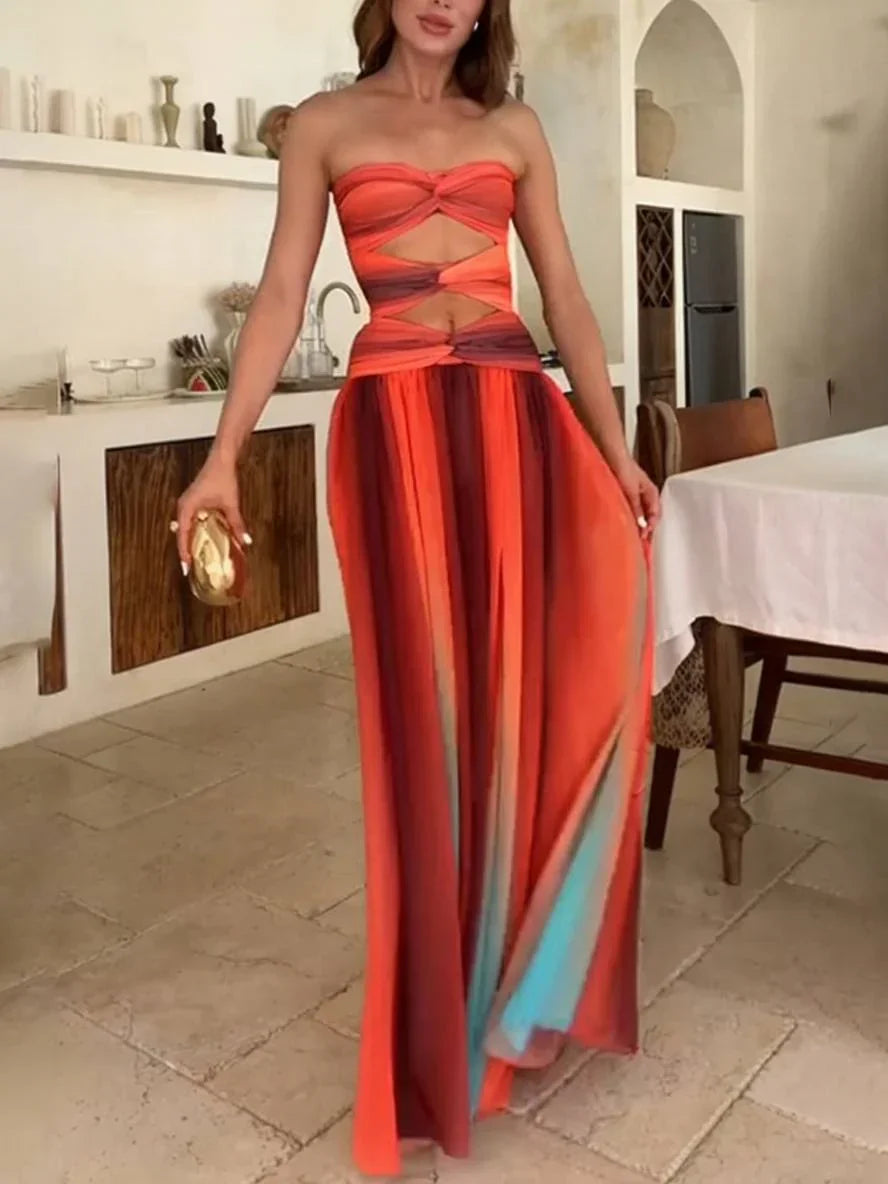 Robe maxi femme fluide dégradée avec bandeau froncé et découpe à la taille | Style confortable et tendance – ROBEMODE