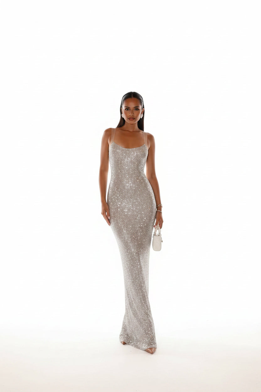 Robe longue dos nu à sequins femme | ROBEMODE