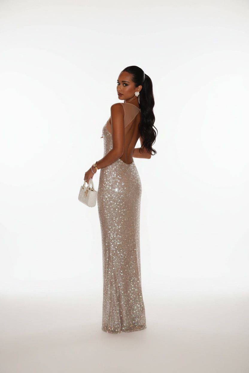 Robe longue dos nu à sequins femme | ROBEMODE