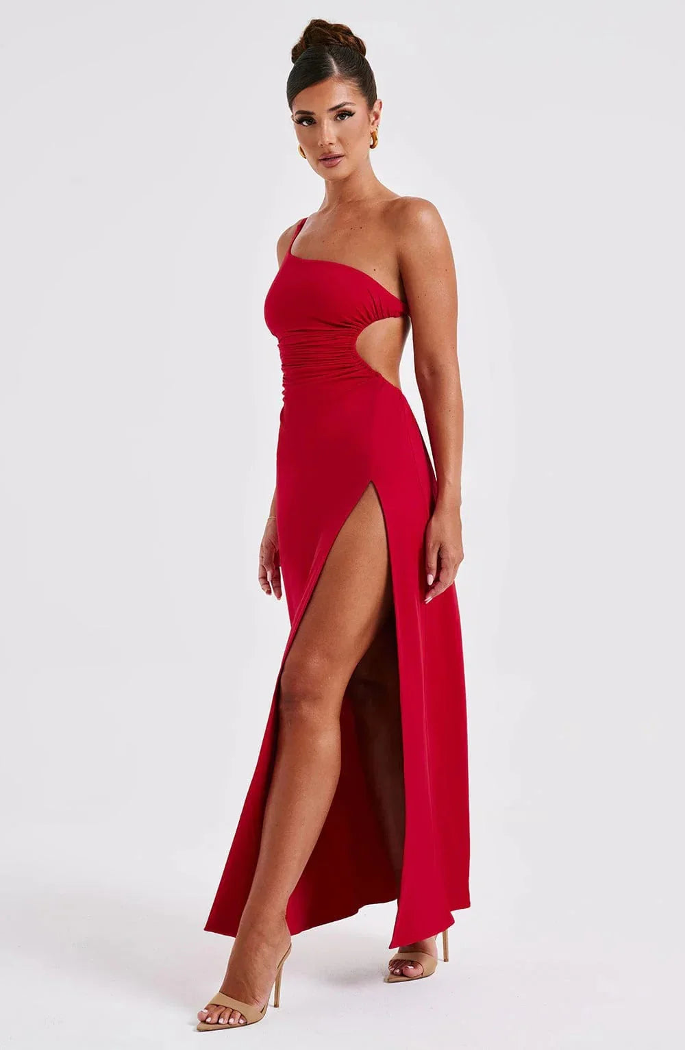 Robe longue fendue rouge à bretelle asymétrique | ROBEMODE