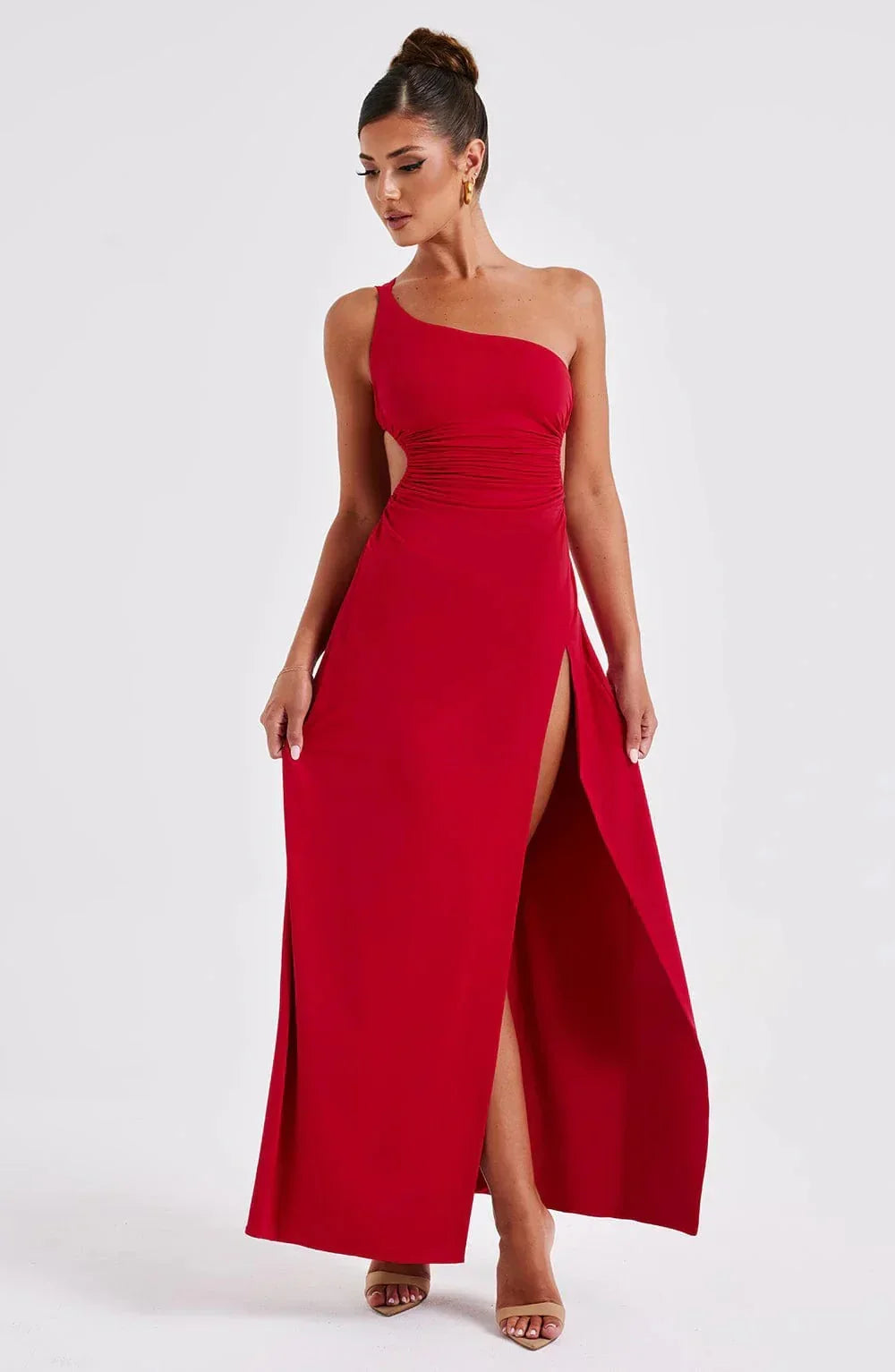 Robe longue fendue rouge à bretelle asymétrique | ROBEMODE