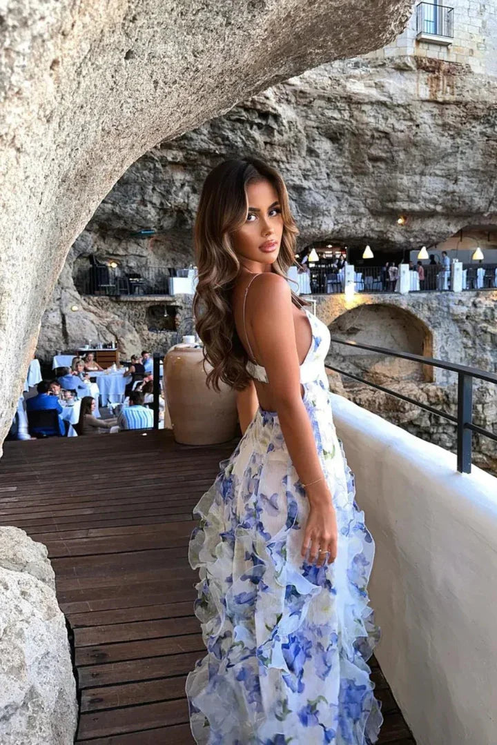 Robe Longue Florale Blanche et Bleue Volants Corset | Invitée Mariage Été | ROBEMODE