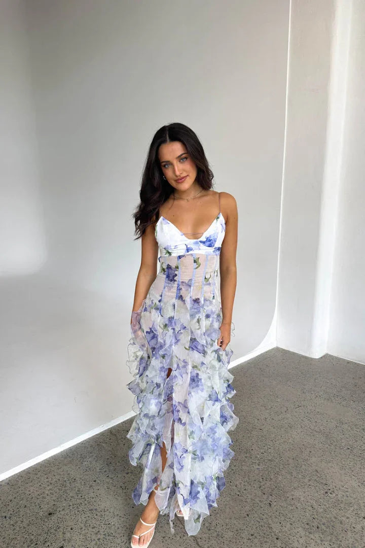 Robe Longue Florale Blanche et Bleue Volants Corset | Invitée Mariage Été | ROBEMODE