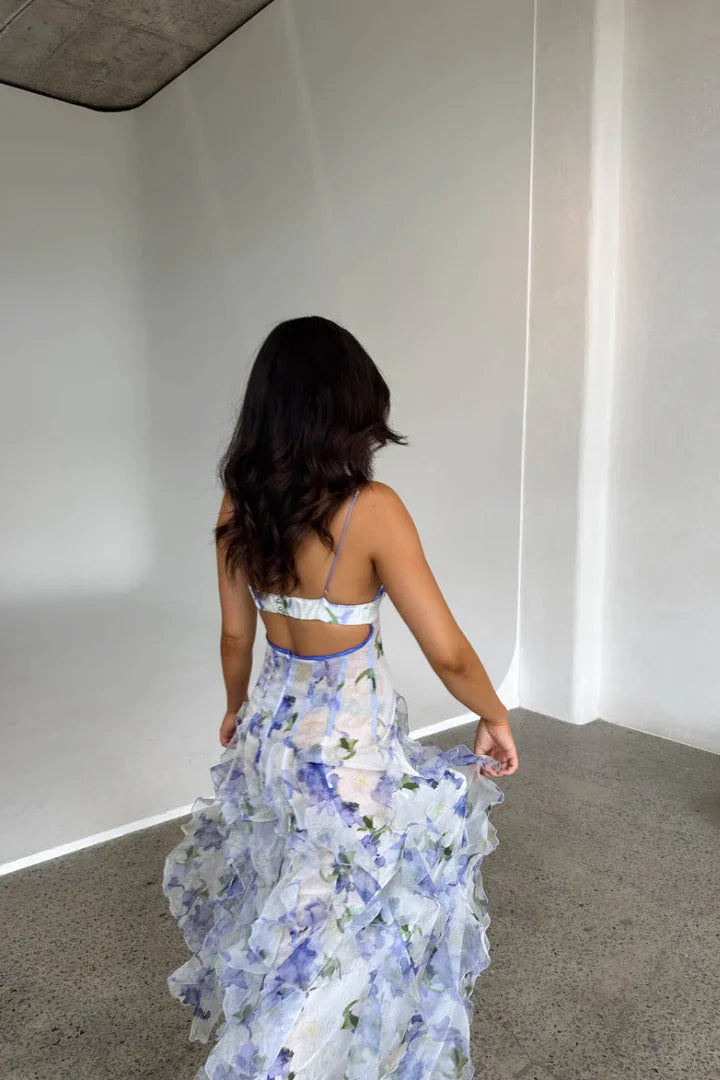 Robe Longue Florale Blanche et Bleue Volants Corset | Invitée Mariage Été | ROBEMODE