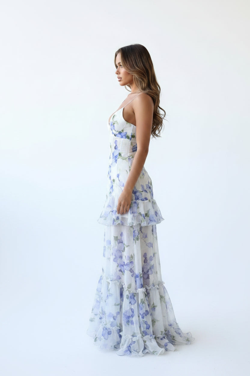 Robe Longue Florale Blanche et Bleue Volants Corset | Invitée Mariage Été | ROBEMODE