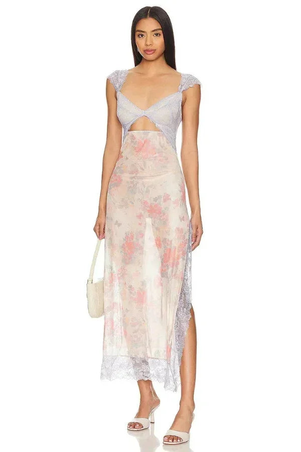 Robe maxi florale transparente dentelle cache-cœur | ROBEMODE