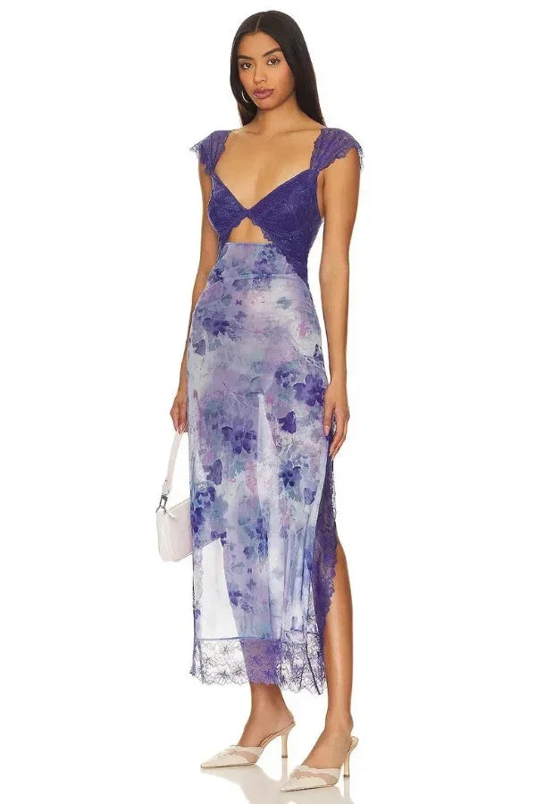 Robe maxi florale transparente dentelle cache-cœur | ROBEMODE