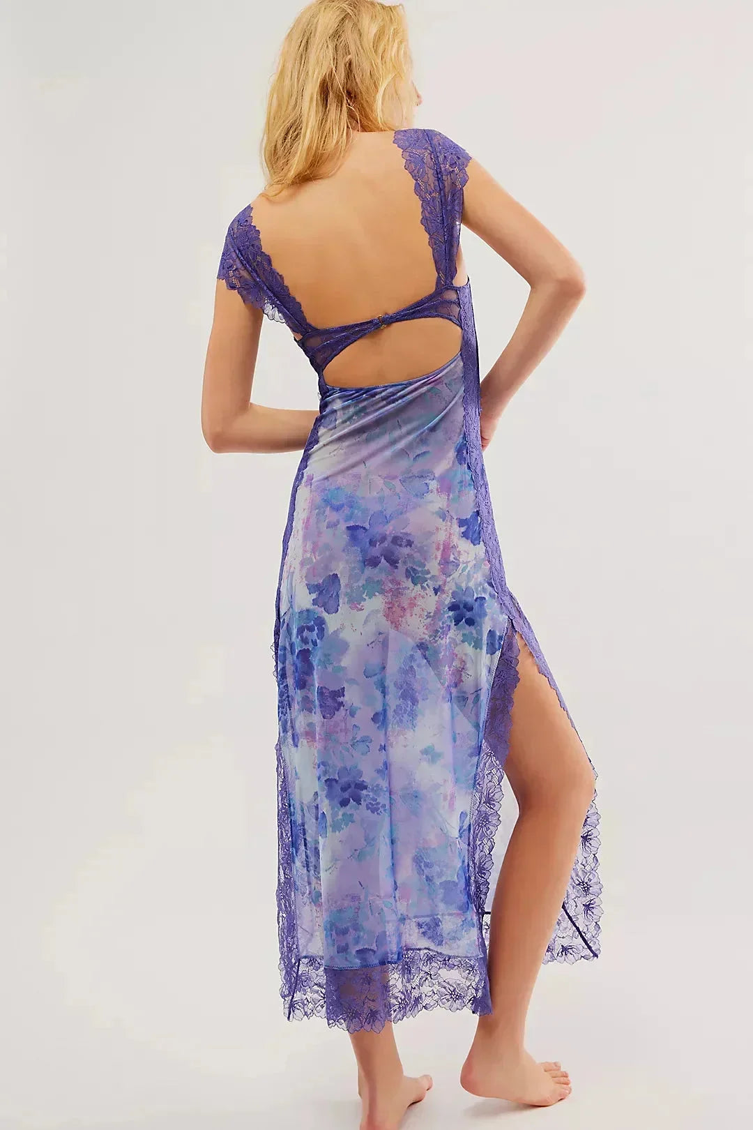 Robe maxi florale transparente dentelle cache-cœur | ROBEMODE