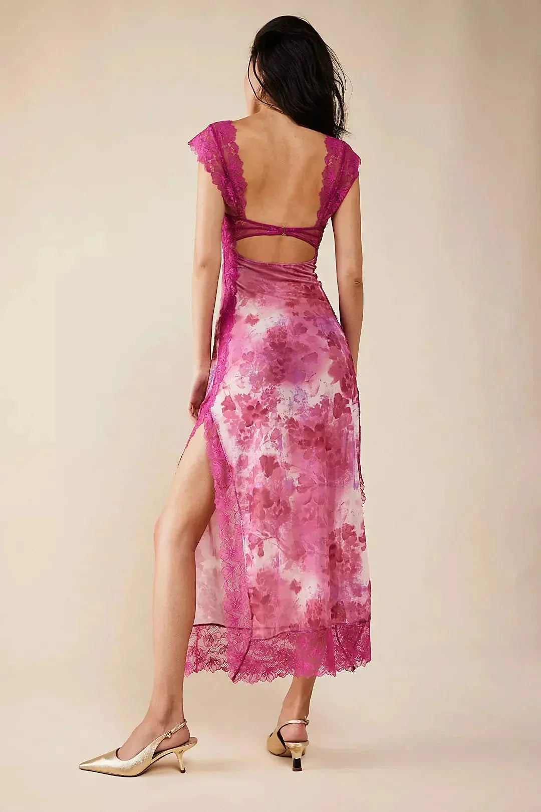 Robe maxi florale transparente dentelle cache-cœur | ROBEMODE