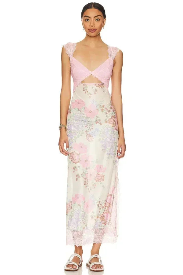 Robe maxi florale transparente dentelle cache-cœur | ROBEMODE