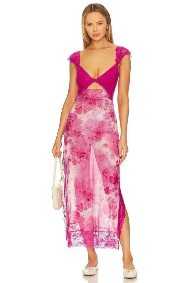 Robe maxi florale transparente dentelle cache-cœur | ROBEMODE