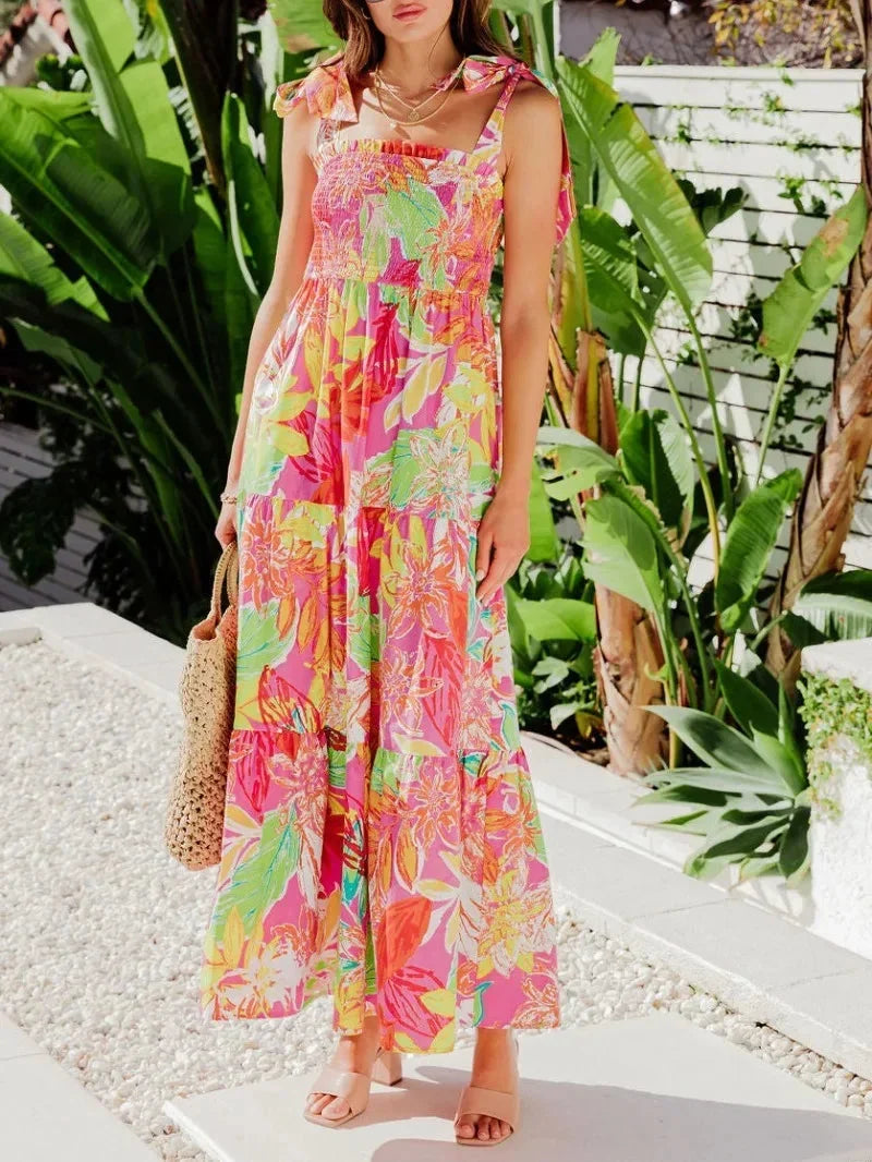 Robe longue femme estivale imprimé tropical sans manches