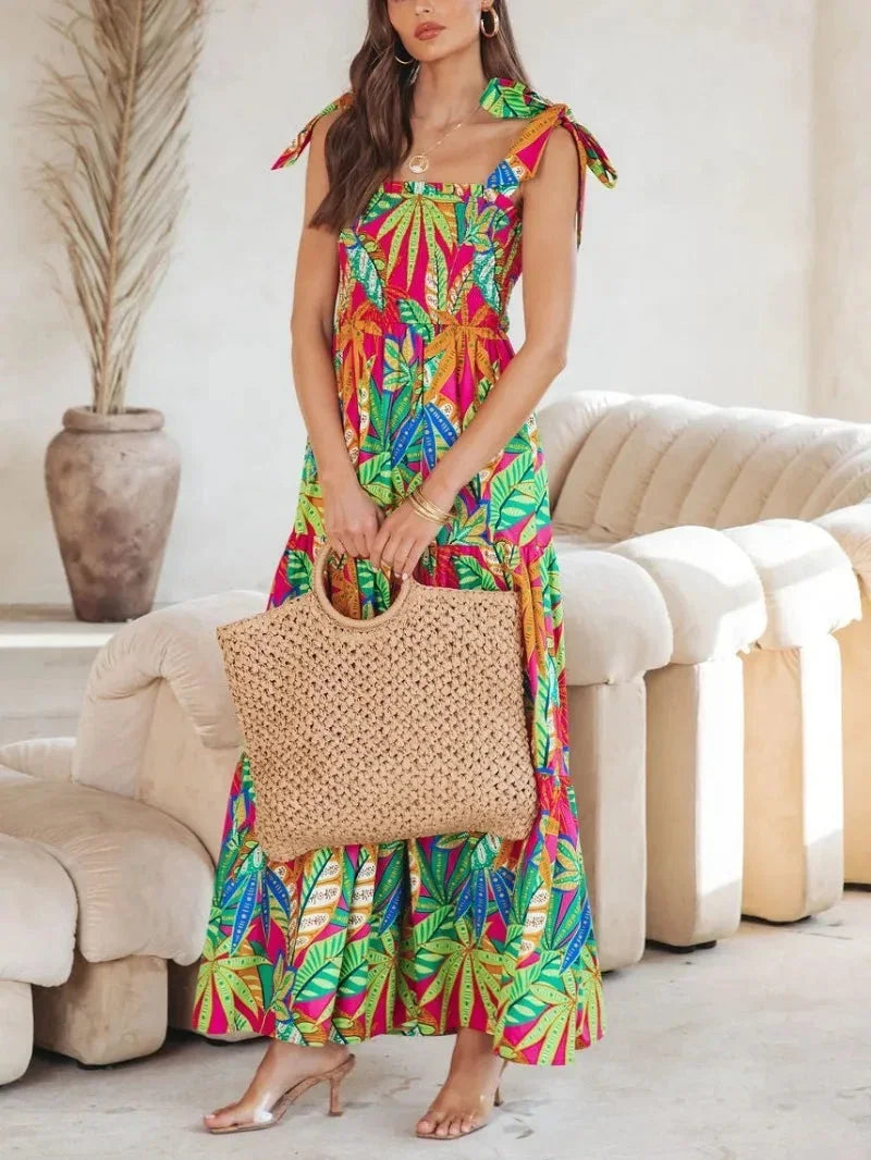 Robe longue femme estivale imprimé tropical sans manches