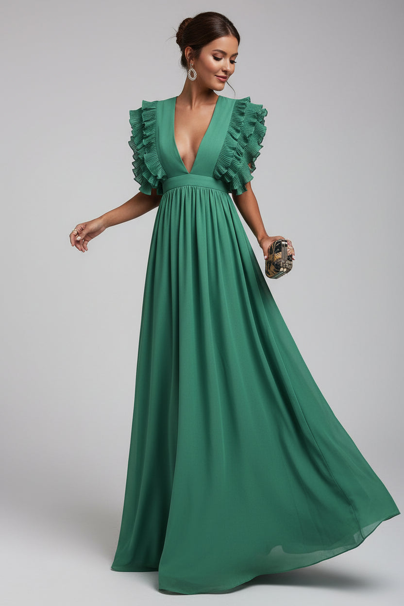 Robe Longue Fluide Manches Volantées Décolleté Plongeant | 4 Coloris Soirée Romantique | ROBEMODE