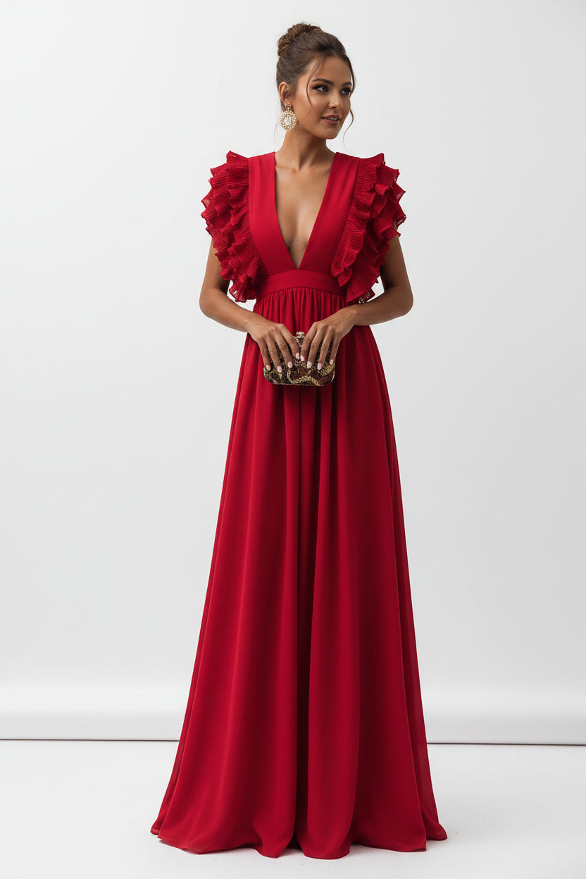 Robe Longue Fluide Manches Volantées Décolleté Plongeant | 4 Coloris Soirée Romantique | ROBEMODE