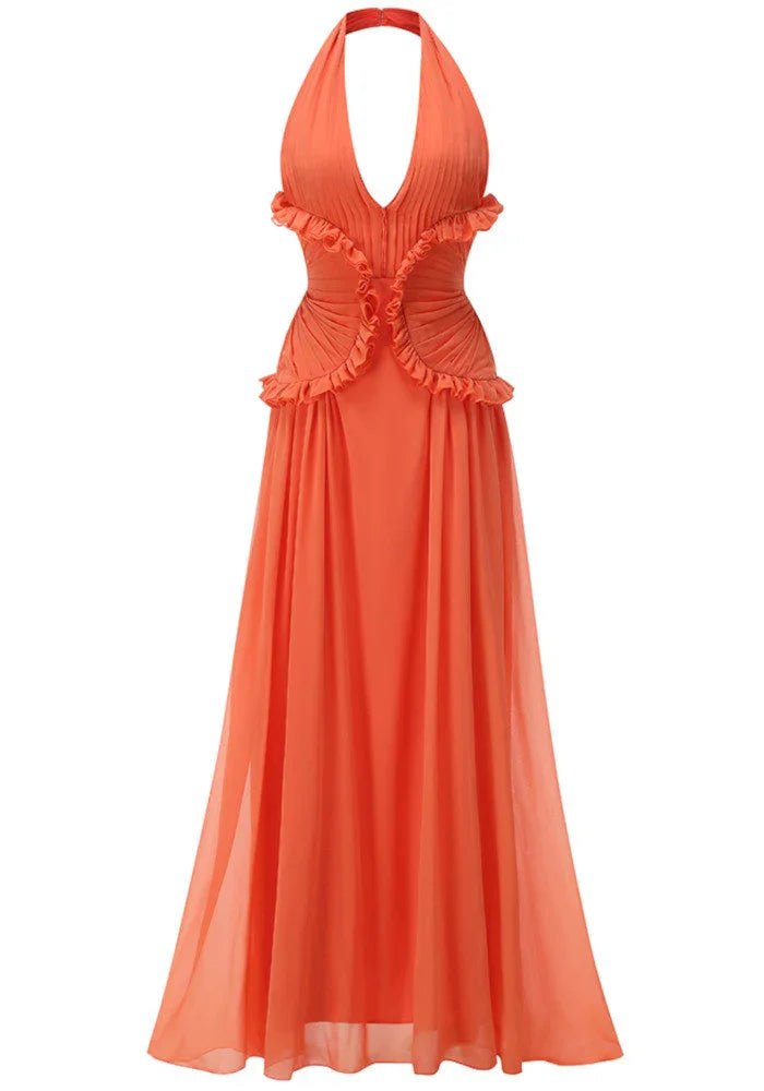 Robe longue orange à volants femme | ROBEMODE