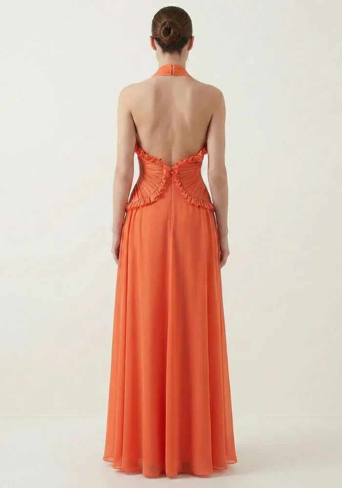 Robe longue orange à volants femme | ROBEMODE