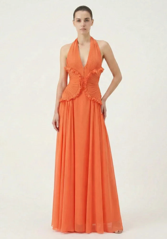 Robe longue orange à volants femme | ROBEMODE