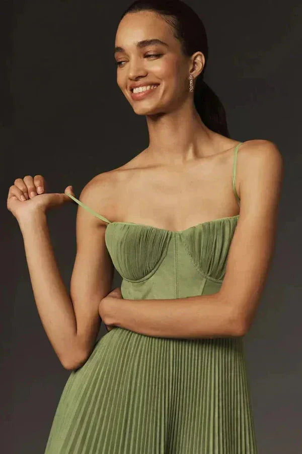 Robe midi femme plissée à bretelles vert olive
