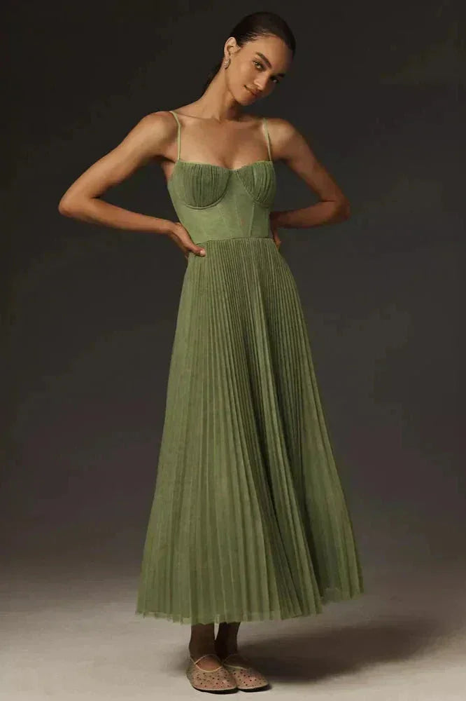 Robe midi femme plissée à bretelles vert olive