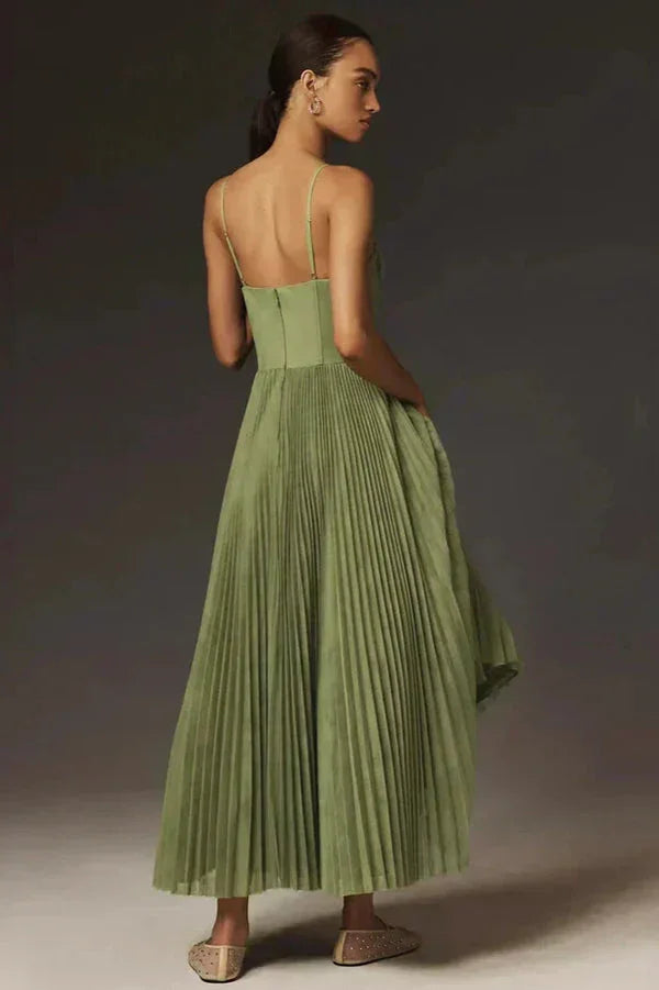 Robe midi femme plissée à bretelles vert olive