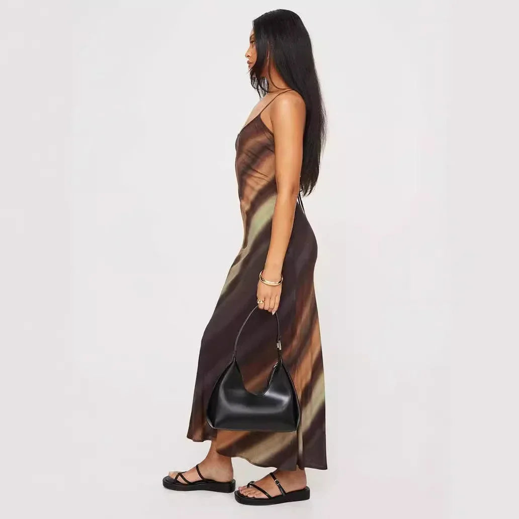 Robe longue marron dégradé bretelles fines fluide soirée